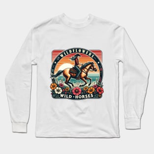 Wildflowers & Wild Horses Retro Western Cowgirl Riding Horse Long Sleeve T-Shirt